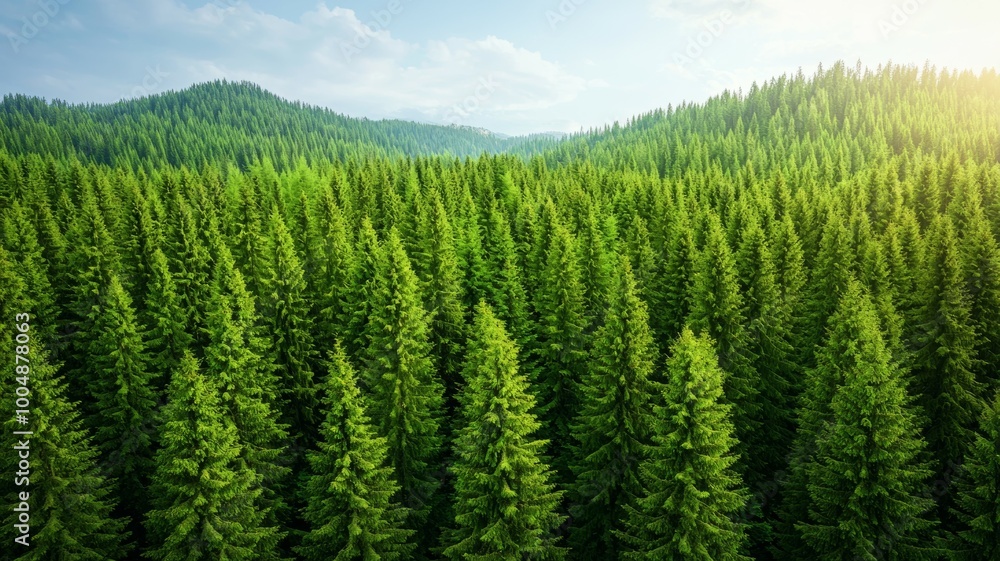 A lush green forest with a bright sun shining through the trees A lush green forest with a bright sun shining through the trees