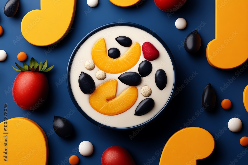 Naklejka premium Minimalist smoothie bowl illustration for weight loss, featuring clean, bold shapes representing fruit, seeds, and yogurt in an abstract design