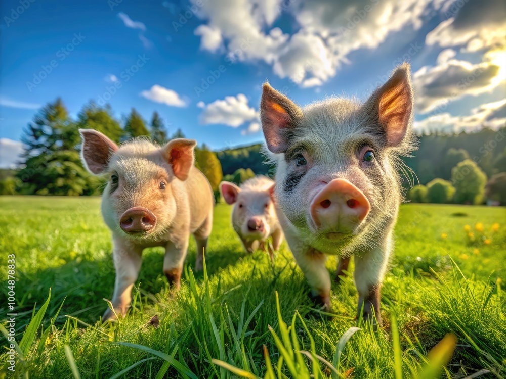 Playful potbelly pigs enjoying a sunny day in a green pasture, looking adorable and curious Playful potbelly pigs enjoying a sunny day in a green pasture, looking adorable and curious