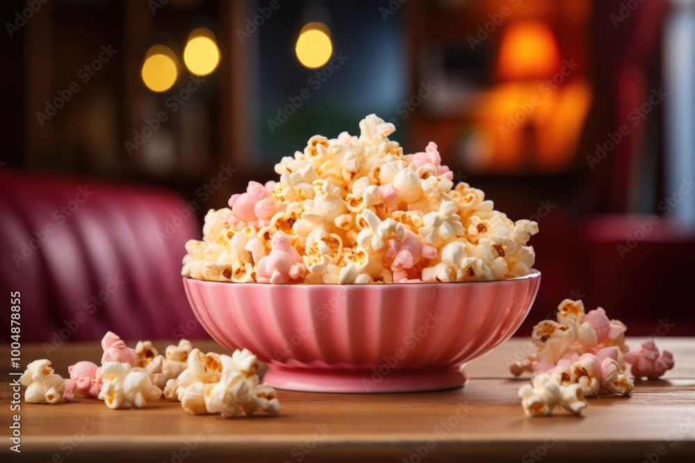 Front view of fresh popcorn with raw grains on the pink table corn movie movie, generative IA Front view of fresh popcorn with raw grains on the pink table corn movie movie, generative IA
