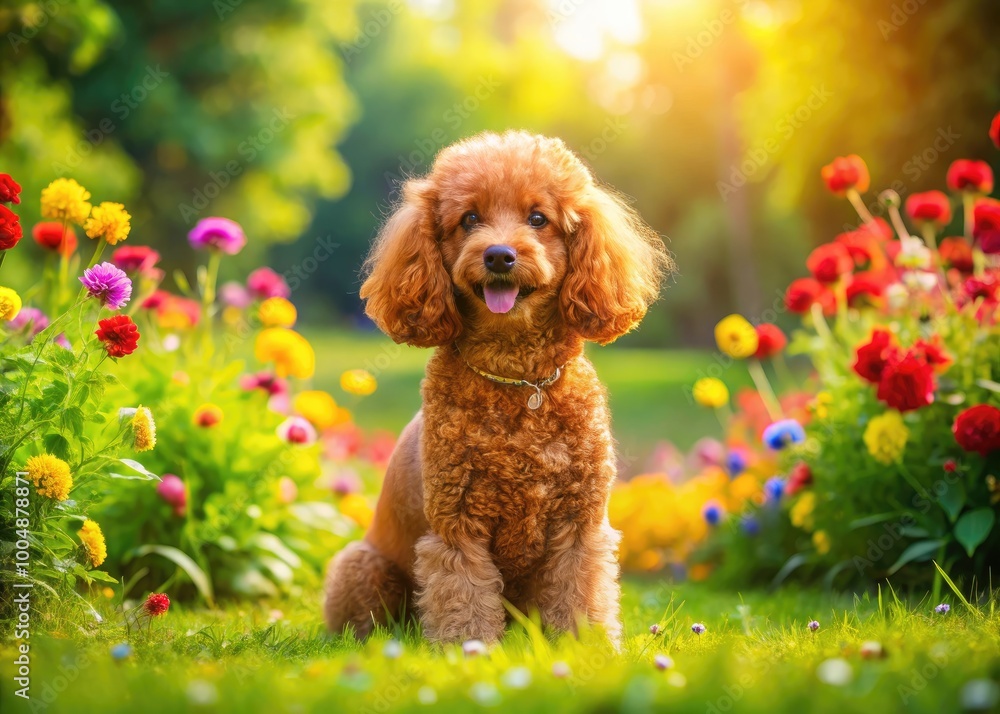 Playful red poodle sitting in a sunny park surrounded by vibrant green grass and colorful flowers Playful red poodle sitting in a sunny park surrounded by vibrant green grass and colorful flowers