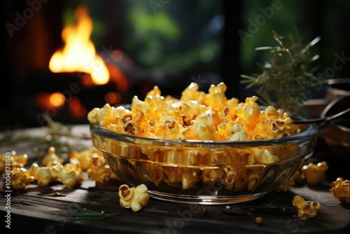 Front view of sliced ??yellow grains with popcorn on the dark surface tree oil f, generative IA