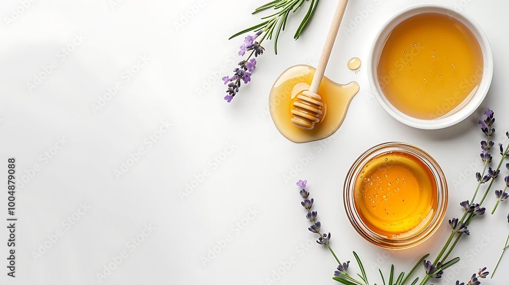Honey jar with dipper and bowl of honey garnished with fresh lavender sprigs ideal for organic food photography with white space on the side for minimalist visual compositions Honey jar with dipper and bowl of honey garnished with fresh lavender sprigs ideal for organic food photography with white space on the side for minimalist visual compositions