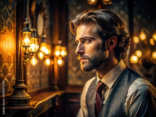 Portrait of a thoughtful man in a vintage setting with warm lighting and artistic decor elements