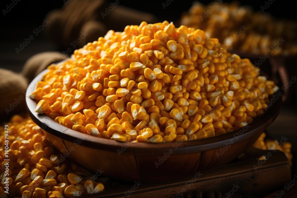 Upper view of fresh corn grains in a wooden bowl with isolated grains on a woode, generative IA Upper view of fresh corn grains in a wooden bowl with isolated grains on a woode, generative IA