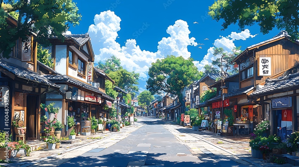 Fototapeta premium Ilustracja w stylu anime przedstawiająca spokojną japońską ulicę z tradycyjnymi domami i bujną zielenią w słoneczny dzień