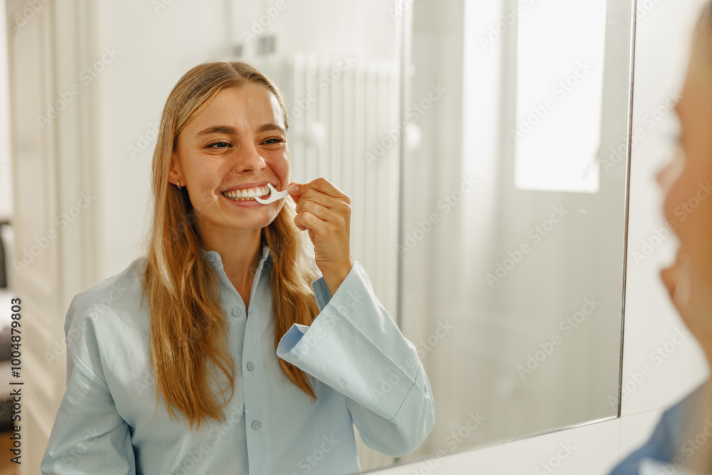 A young woman is happily enjoying her morning routine while brushing her teeth in a beautifully bright bathroom A young woman is happily enjoying her morning routine while brushing her teeth in a beautifully bright bathroom