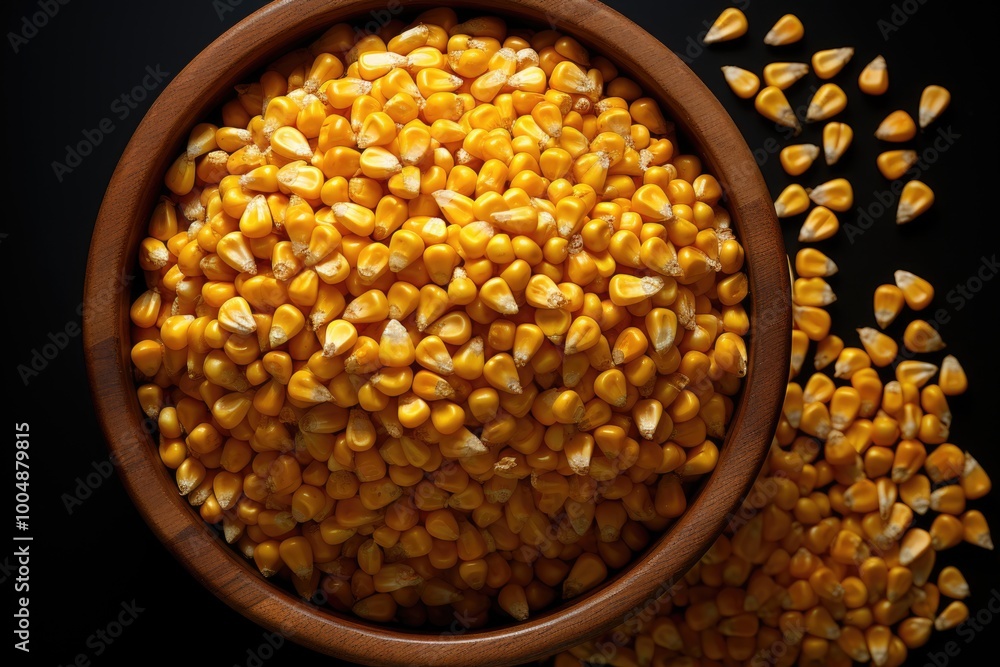 Aerial view of fresh corn grains in a brown bowl on white background, generative IA Aerial view of fresh corn grains in a brown bowl on white background, generative IA