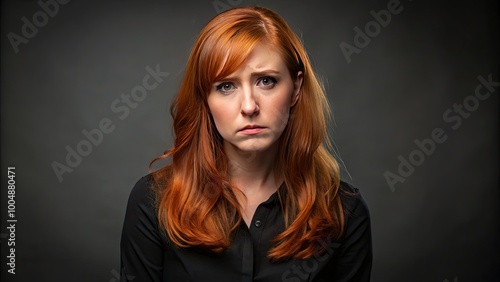 Redhaired woman in black shirt apologizes for inconvenience, expressing guilt and inability to help photo