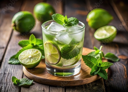 Refreshing lime and mint beverage served in a glass with ice and enhanced by soft, natural light