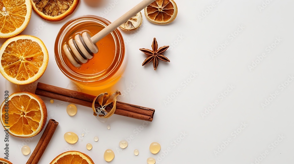An aesthetically pleasing overhead view of a honey jar with a dipper surrounded by dried oranges and cinnamon sticks reflecting the warmth of autumn and seasonal flavors for a cozy setup An aesthetically pleasing overhead view of a honey jar with a dipper surrounded by dried oranges and cinnamon sticks reflecting the warmth of autumn and seasonal flavors for a cozy setup