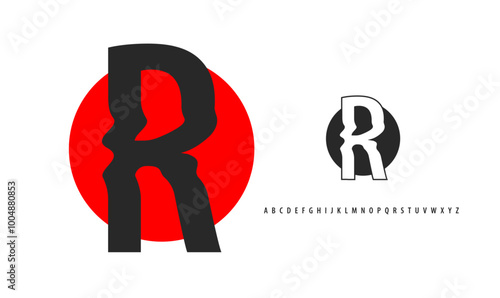 Letter R silhouette on red sun, twisting alphabet. Japanese logo for sushi roll restaurant logo, asian cultural event logotype. Vector logo and typeset