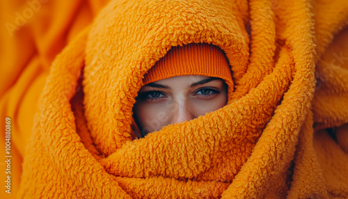 Smiling woman wrapped in a soft towel, bathed in warm sunlight, capturing a moment of pure joy and innocence