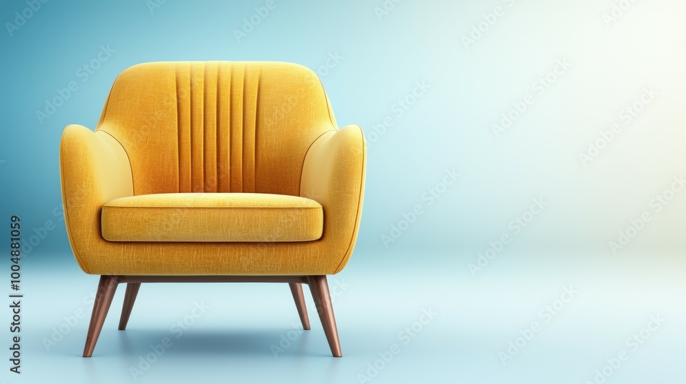 A yellow chair is sitting on a blue wall A yellow chair is sitting on a blue wall