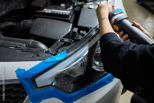 Person using a machine to polish automotive lighting on a car headlight