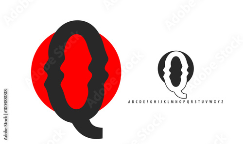 Letter Q silhouette on red sun, twisting alphabet. Japanese logo for sushi roll restaurant logo, asian cultural event logotype. Vector logo and typeset