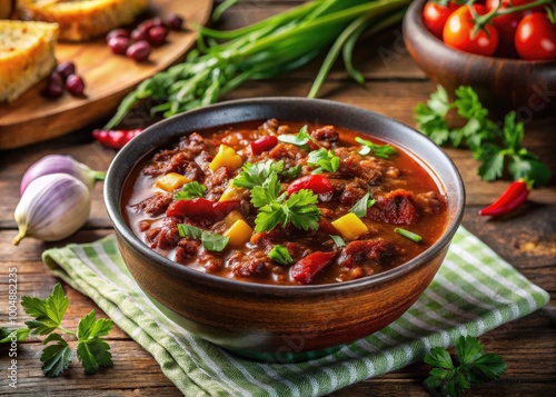 Savory chili served in a bowl with fresh herbs, perfect for a hearty lunch or cozy dinner meal