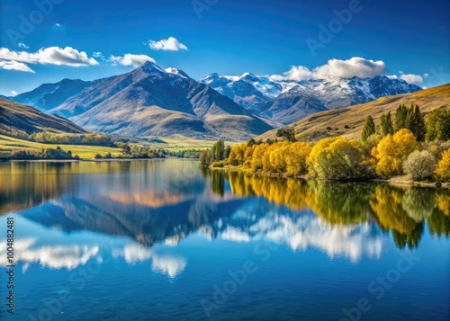 Scenic Lake Hayes with Majestic Mountains in Central Otago, New Zealand on a Clear Sunny Day