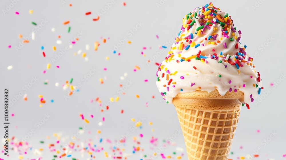 Close-up of a vanilla ice cream cone with colorful sprinkles, with sprinkles flying through the air. Close-up of a vanilla ice cream cone with colorful sprinkles, with sprinkles flying through the air.