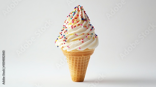 A delicious vanilla ice cream cone topped with colorful sprinkles.