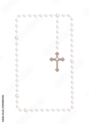Rosary beads concept. Beige catholic beads with cross. Religion and faith, belief, spirituality. Sacred jewelry. Antique element. Flat vector illustration isolated on white background