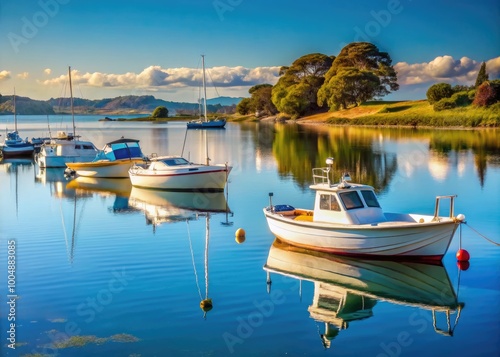 Scenic view of boats moored in serene estuary waters at Omokoroa during a sunny day photo