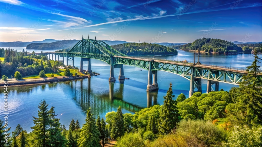 Scenic View of I-5 Bridge Spanning Across the Water with Lush Greenery and Clear Blue Sky Above Scenic View of I-5 Bridge Spanning Across the Water with Lush Greenery and Clear Blue Sky Above