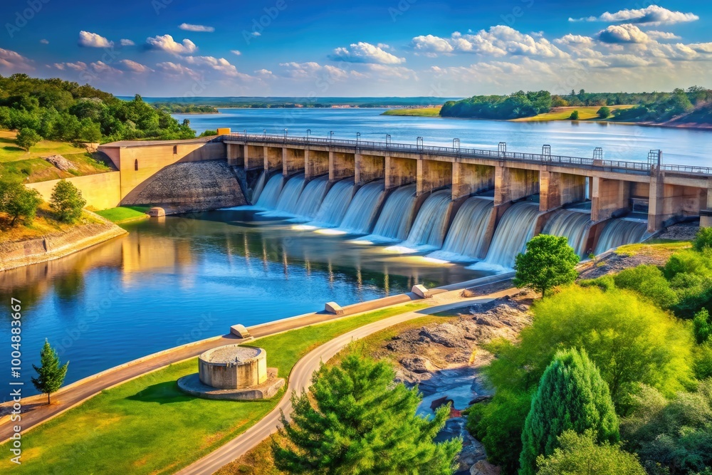 Naklejka premium Scenic View of Lake Overholser Dam Surrounded by Nature in Oklahoma City on a Clear Day