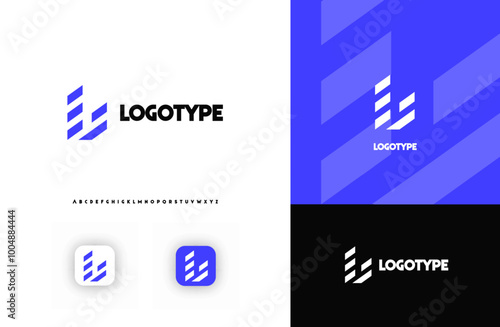 Bold diagonal stripes creating geometric shapes letter L logo for technology, finance, banking, cryptocurrency, corporate branding, architecture, construction, real estate. Vector illustration