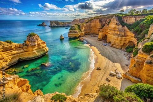 Secluded Sandy Beach Surrounded by Cliffs in Algarve Harbor with Natural Grottos and Reefs