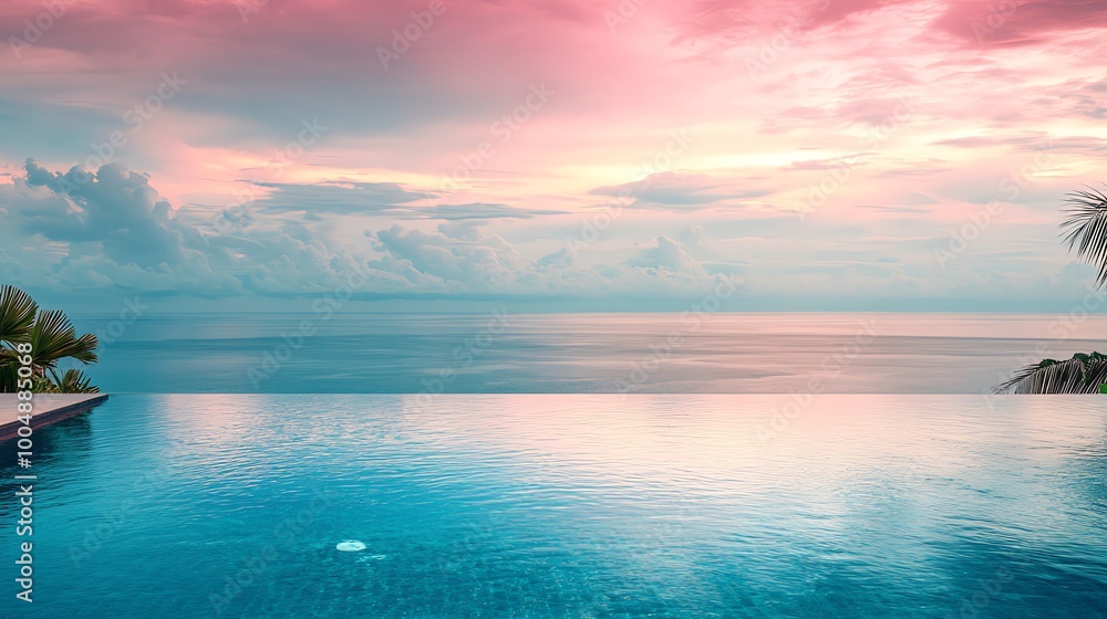 Tranquil infinity pool overlooking a serene ocean at sunset with a pink sky.