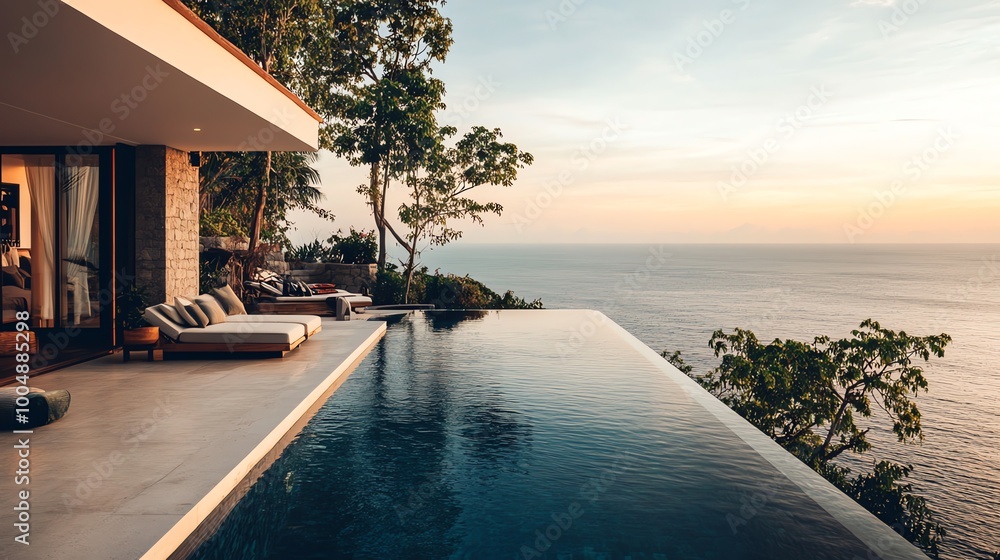 Fototapeta premium Modern villa with infinity pool overlooking ocean at sunset.