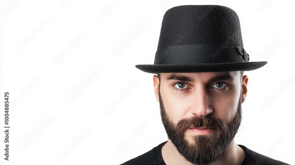 A man with a black hat and beard is wearing a black shirt A man with a black hat and beard is wearing a black shirt