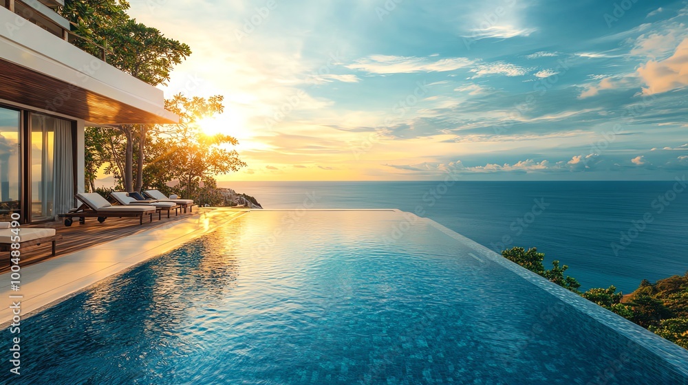 Luxury villa with infinity pool overlooking the ocean at sunset. Luxury villa with infinity pool overlooking the ocean at sunset.