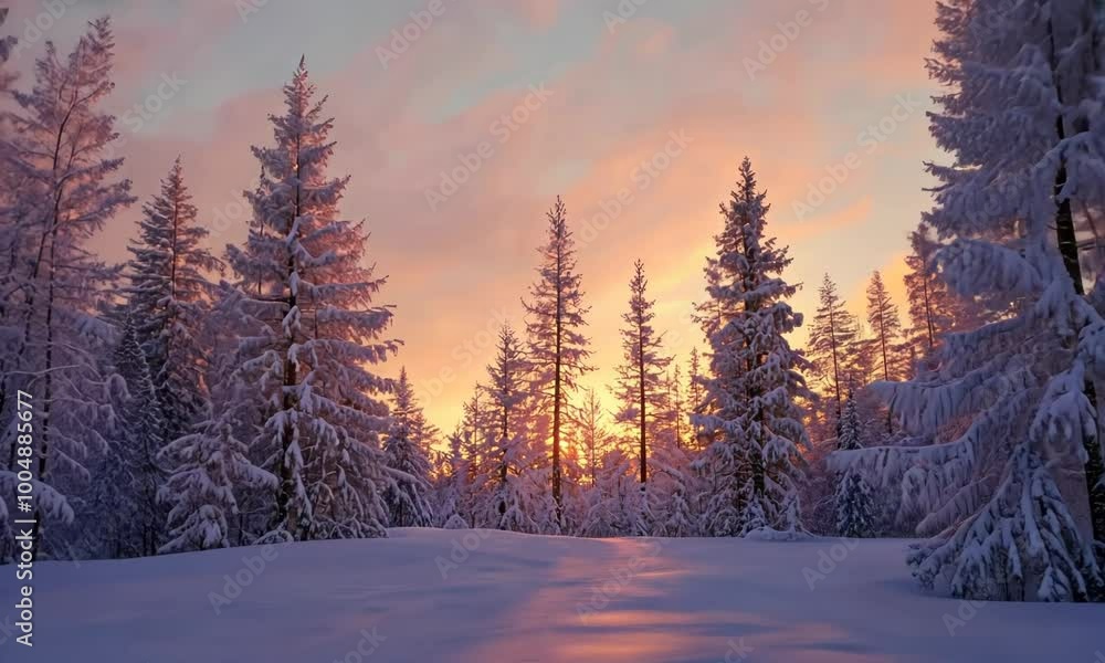 Snow-covered trees with a sky fading from soft pink to deep orange during a serene Christmas sunset. . Video Snow-covered trees with a sky fading from soft pink to deep orange during a serene Christmas sunset. . Video