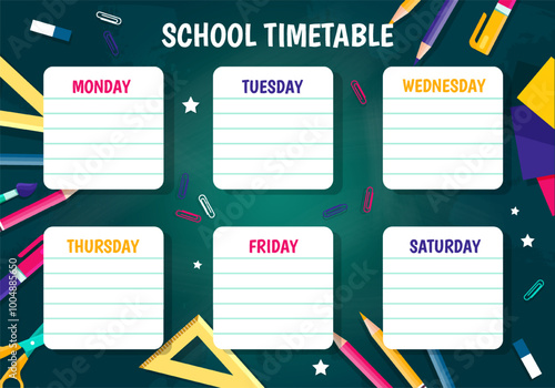 School education timetable. Lesson schedule. Time management and organization of effective educational process. Triangle ruler with colorful pencils. Flat vector illustration