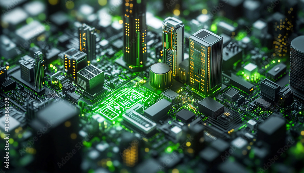 Fototapeta premium Close-up shot of a green computer circuit board packed with various electronic components, showcasing the intricate details of modern technology