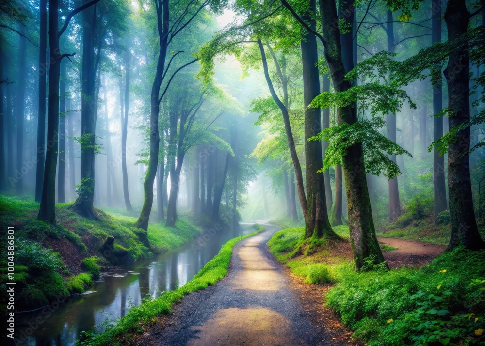 Obraz premium Serene Pathway Through a Mysterious Foggy Forest Inviting Tranquility and Reflection in Nature
