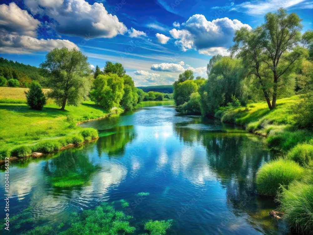 Serene River Landscape with Lush Green Banks and Clear Blue Water Flowing Through Scenic Nature Serene River Landscape with Lush Green Banks and Clear Blue Water Flowing Through Scenic Nature
