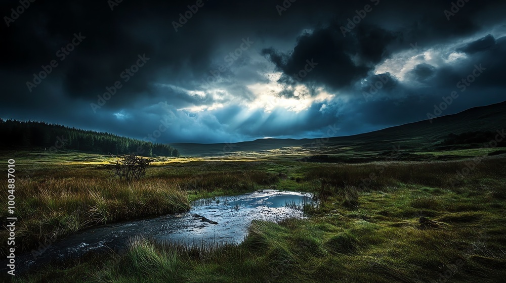 Dramatic landscape with a dark sky and a stream of water. Dramatic landscape with a dark sky and a stream of water.