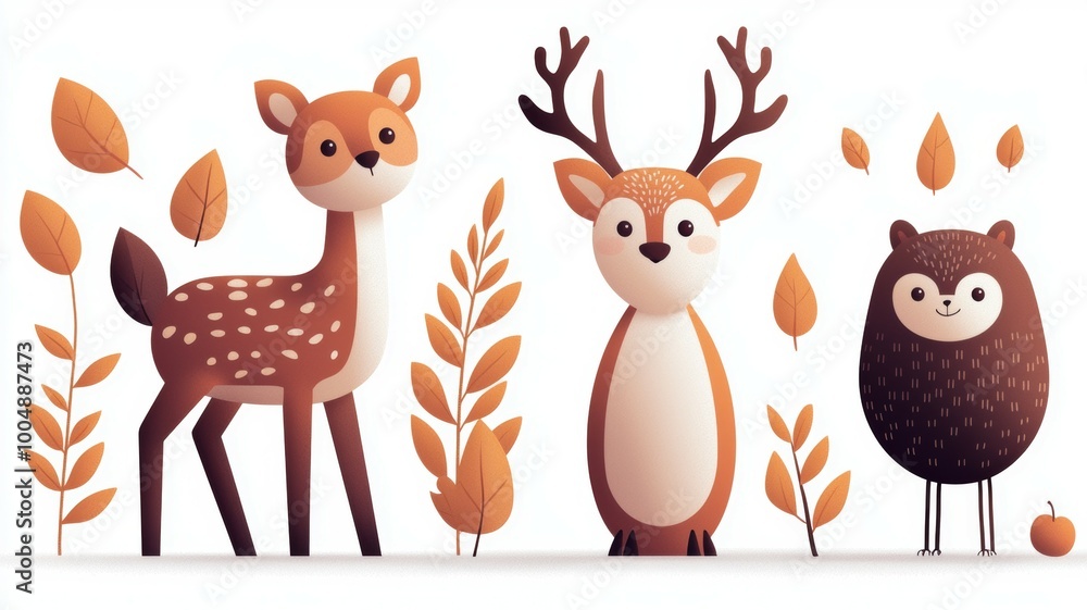 Naklejka premium A group of cartoon animals, including a deer, a bear, and a rabbit