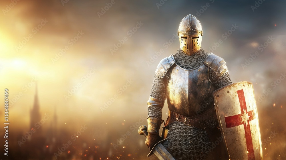 A knight in full armor stands in front of a castle with a shield and sword A knight in full armor stands in front of a castle with a shield and sword