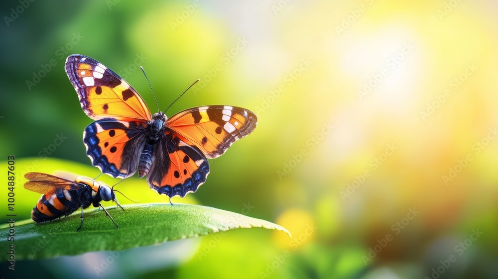 A butterfly is sitting on a leaf next to a bug A butterfly is sitting on a leaf next to a bug