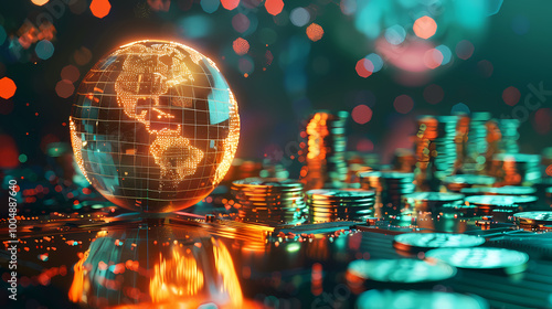 a close up of a pile of coins with a globe in the background, 3d rendered matte painting, rolands zilvinskis 3d render art, dribbble 8k,  photo