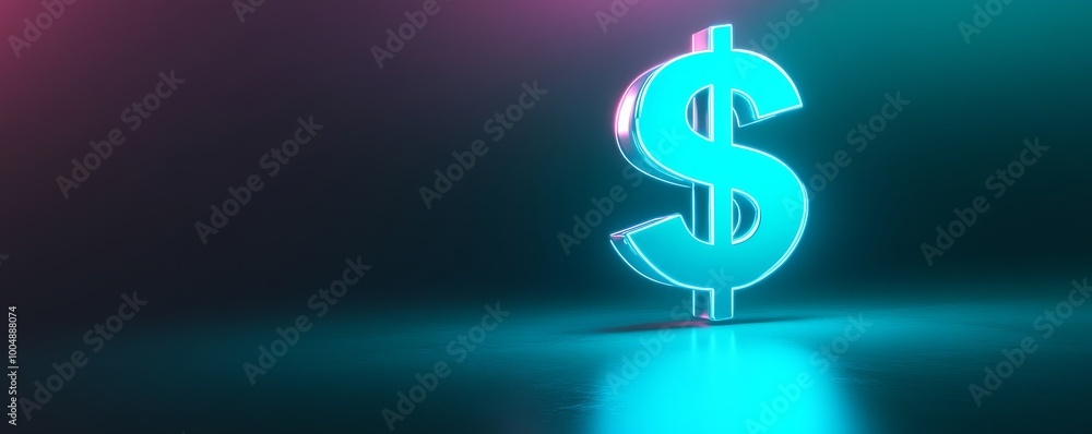 Neon dollar sign on reflective surface, futuristic finance concept Neon dollar sign on reflective surface, futuristic finance concept