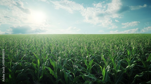 A vast field of green corn plants under a blue sky with clouds.