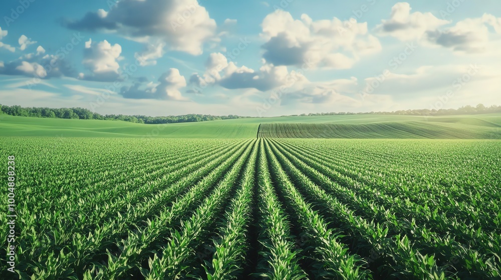 A vast field of green crops with a blue sky and fluffy white clouds in the background. A vast field of green crops with a blue sky and fluffy white clouds in the background.