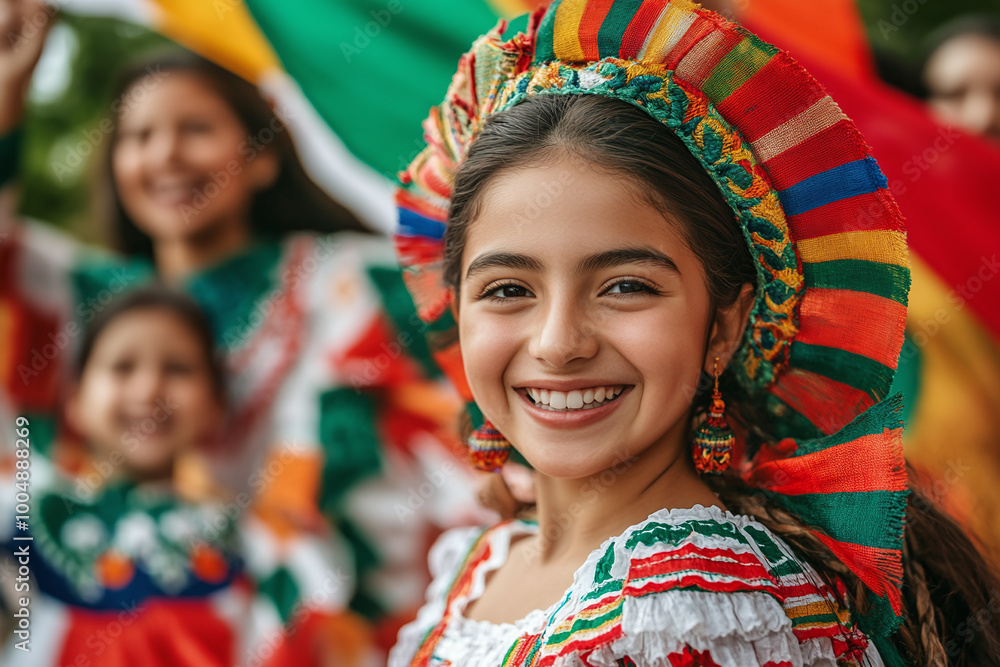 Mexican family dressed in traditional clothing, waving flags, and celebrating. Mexican family dressed in traditional clothing, waving flags, and celebrating.