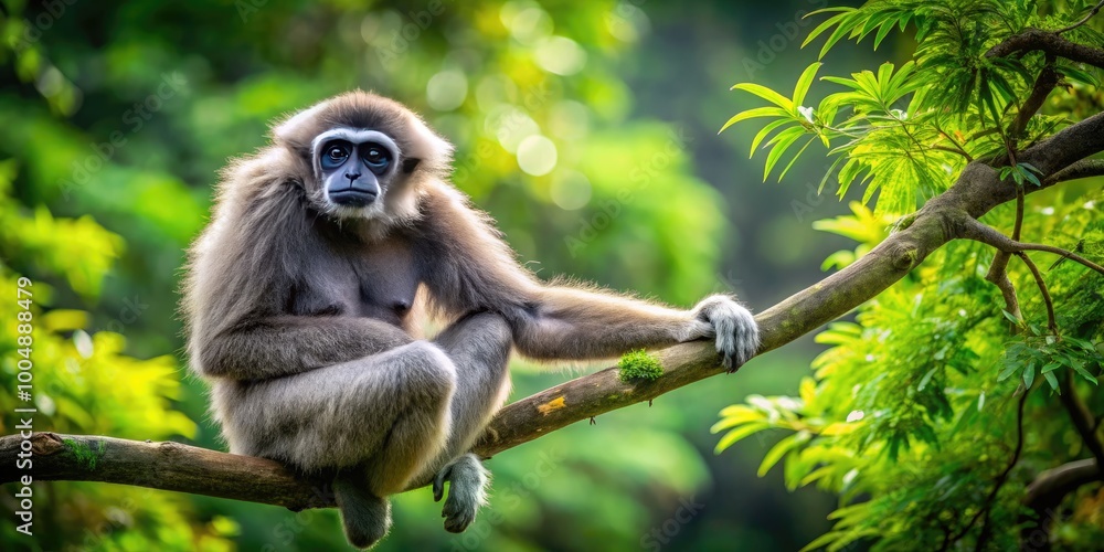 Silvery Gibbon Relaxing on a Branch in Lush Green Forest Habitat, Nature Wildlife Photography Silvery Gibbon Relaxing on a Branch in Lush Green Forest Habitat, Nature Wildlife Photography
