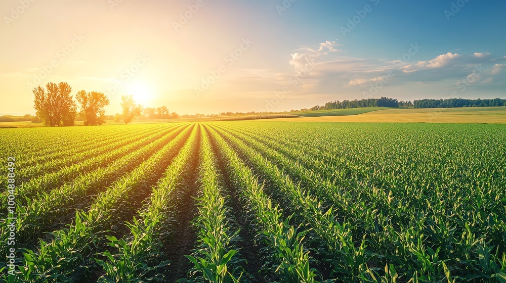 Rows of corn plants in a field at sunset. Rows of corn plants in a field at sunset.